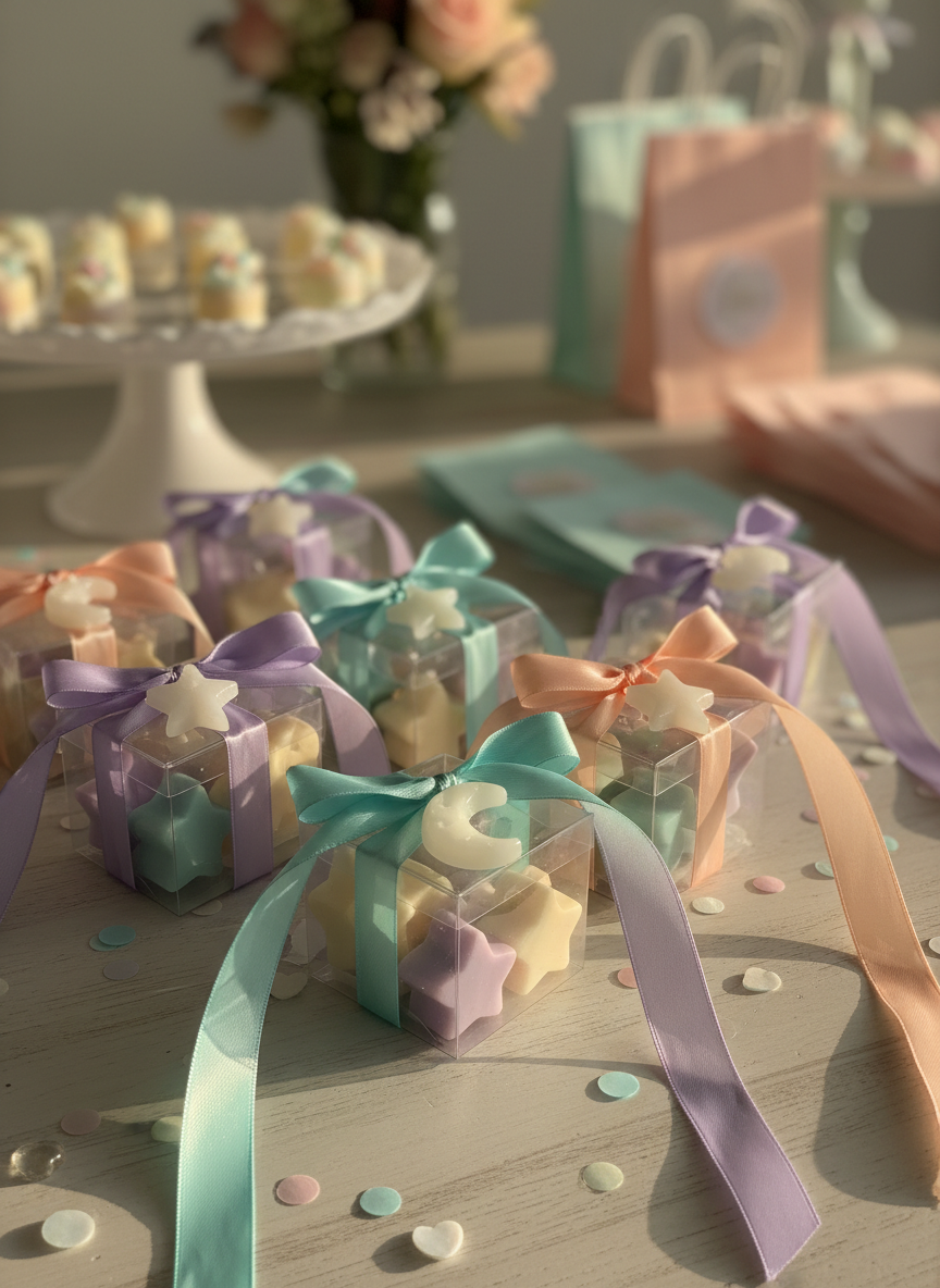 A whimsical, photographic image of custom party favors arranged as if ready for an event dessert table. Mini clear treat boxes filled with pastel soap samples are tied with silky, mismatched ribbons in lavender, teal, and peach, each box topped with a small resin charm shaped like a star or moon. They sit on a pale wooden surface with a sprinkle of confetti dots and tiny resin hearts. Soft golden hour light streams from the right, casting warm, elongated shadows and making the ribbon edges glow. In the softly blurred background, a frosted glass cake stand and empty favor bags hint at party preparations. Captured from a slightly low, three-quarter angle, the composition feels festive, charming, and tailored for celebrations.