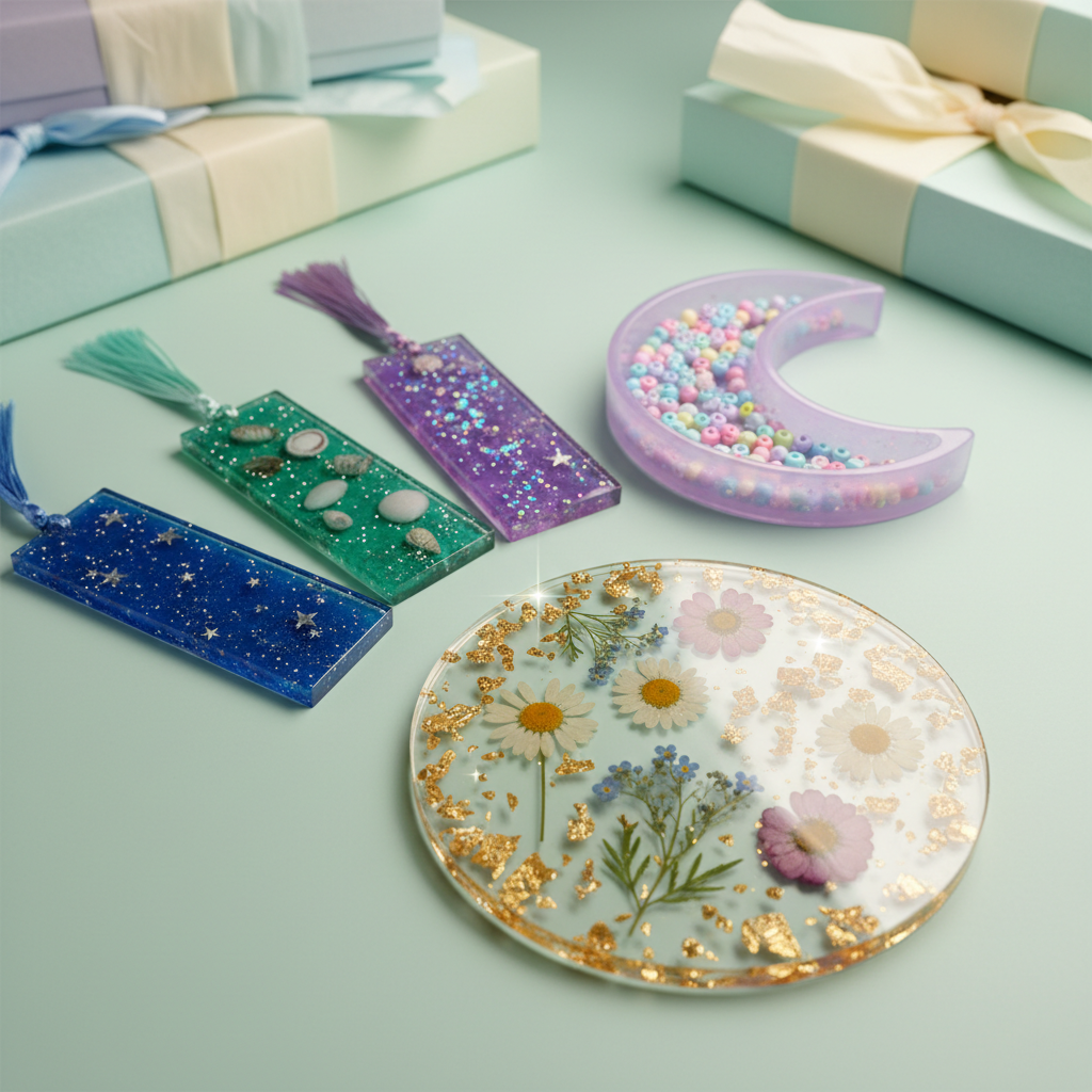 A vibrant assortment of custom resin gifts displayed on a smooth, pale mint tabletop in photographic realism. In the foreground, a crystal-clear resin coaster with embedded gold flakes and pressed wildflowers sparkles under warm overhead lighting. Nearby, a set of bookmark-shaped resin pieces in jewel tones contain tiny stars, shells, and holographic glitter, arranged in a playful fan. A small resin trinket dish shaped like a crescent moon, tinted translucent lilac, holds scattered pastel beads. Soft studio lighting from two directions reduces harsh shadows while adding glossy highlights to the resin surfaces. Shot from a slightly elevated angle with sharp focus on the main pieces and a gently blurred background of pastel boxes and tissue paper, the mood is magical, cheerful, and gift-ready.