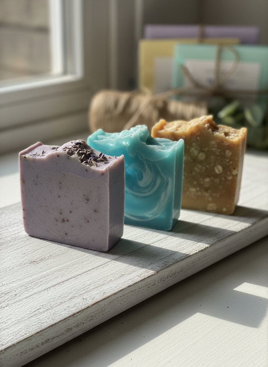 A close-up, photographic realistic scene of three artisan soap bars lined up diagonally on a whitewashed wooden board. The first bar is lavender-speckled with a matte, velvety texture and tiny dried buds pressed along the top edge. The second is a glossy aqua glycerin soap with semi-transparent swirls, and the third is a warm honey-toned bar with visible oatmeal flecks for texture. Soft, diffused daylight from an unseen window washes across the soaps, creating gentle highlights and shadows that emphasize their textures. The background fades into a subtle bokeh of pastel packaging and twine. Composed using the rule of thirds at an eye-level angle to showcase every detail, the atmosphere feels clean, cozy, and handcrafted.