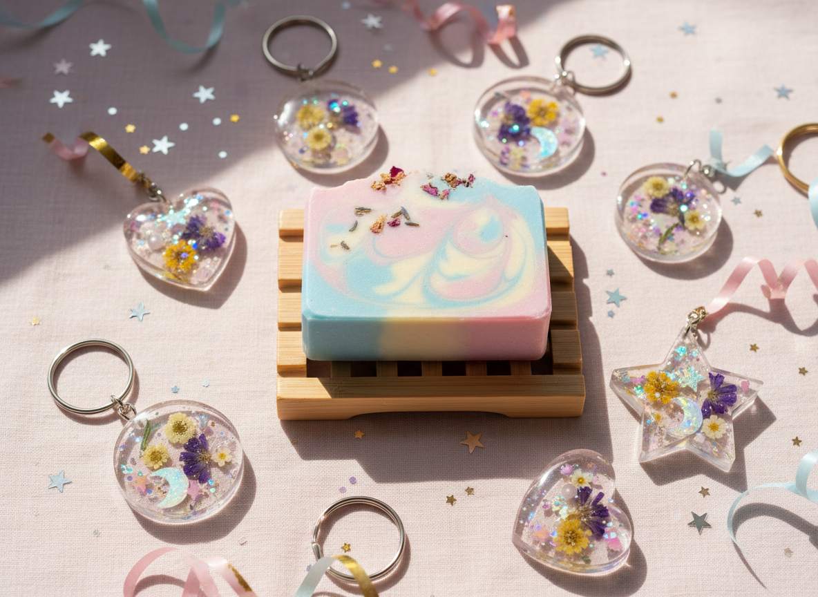A playful flat lay of handmade soaps and resin gifts arranged on a pale blush linen backdrop in photographic realism. In the center, a chunky bar of pastel swirl soap with visible creamy marbling and tiny embedded botanicals rests on a light bamboo soap dish. Around it, glossy resin keychains with embedded iridescent glitter, tiny dried flowers, and miniature moons catch the light. Soft morning window light from the left creates gentle highlights on the resin surfaces and subtle shadows under each object. A few confetti stars and curling ribbon pieces are scattered for a festive touch. Shot from a bird’s-eye view with a shallow depth of field, the mood is bright, whimsical, and inviting, perfect for a handmade gift brand.