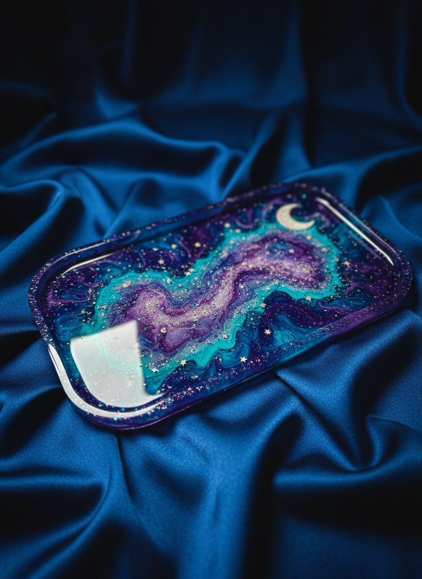 A highly detailed, photographic close-up of a single statement resin piece: a galaxy-inspired tray displayed on a silky midnight-blue fabric. The tray’s surface shows swirling shades of deep indigo, violet, and turquoise with suspended holographic glitter, tiny metallic stars, and a subtle crescent moon motif in one corner. The resin has a glassy, mirror-like finish that catches dim, focused studio lighting from the top left, creating sparkles and soft reflections. The fabric below has gentle folds, adding depth and luxury. The background falls away into dark blur, emphasizing the tray’s luminous colors. Captured from a slightly elevated angle with shallow depth of field, the mood is mystical, dreamy, and distinctly magical, perfect for a brand called Sage’s Dream.