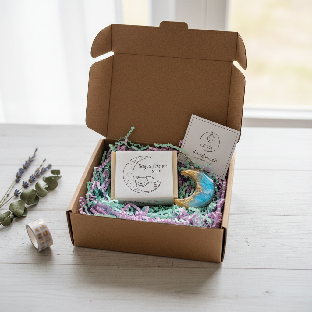A dreamy, brand-focused photographic scene featuring a kraft paper shipping box partially opened on a white desk, revealing the inside of a Sage’s Dream handmade gift package. Shredded pastel paper crinkle fills the box, cushioning a wrapped artisan soap with a playful illustrated label and a shimmering resin keychain shaped like a crescent moon. A small branded card with a simple logo and the words “handmade with a little magic” peeks from the side. Soft natural window light from above and slightly behind creates a gentle halo over the contents, with delicate shadows adding depth. A sprig of dried flowers and a roll of washi tape rest nearby. Shot from an overhead angle with a cozy, inviting composition, the mood is warm, personal, and delightfully small-business.